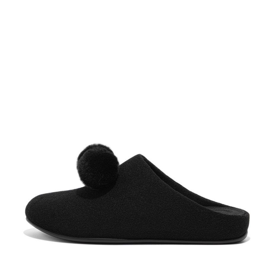 Fitflop Chrissie Pom-pom τσόχα παντόφλες ολόμαυρες