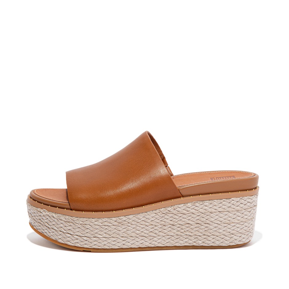 Fitflop Eloise Espadrille δερμάτινο Wedge Slides ανοιχτό μαύρισμα