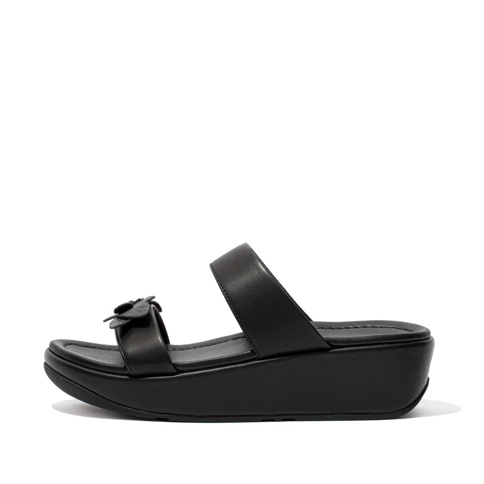 Fitflop Fino φλοράλ δερμάτινες διαφάνειες ολόμαυρες