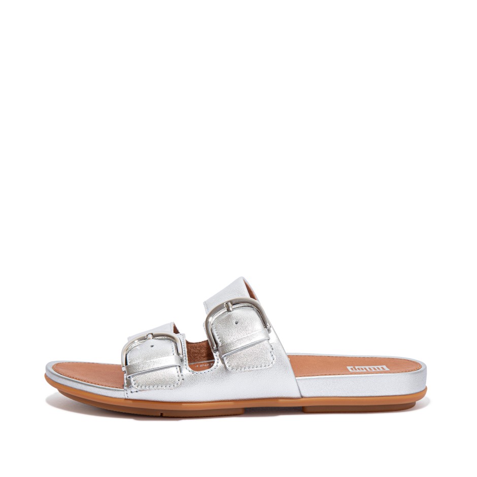 Fitflop Gracie αγκράφα μεταλλικές δερμάτινες διαφάνειες ασημί