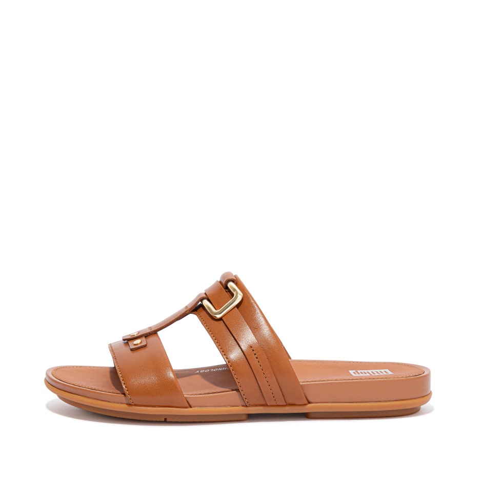 Fitflop Gracie δερμάτινες διαφάνειες με πόρπη, ανοιχτό μαύρισμα