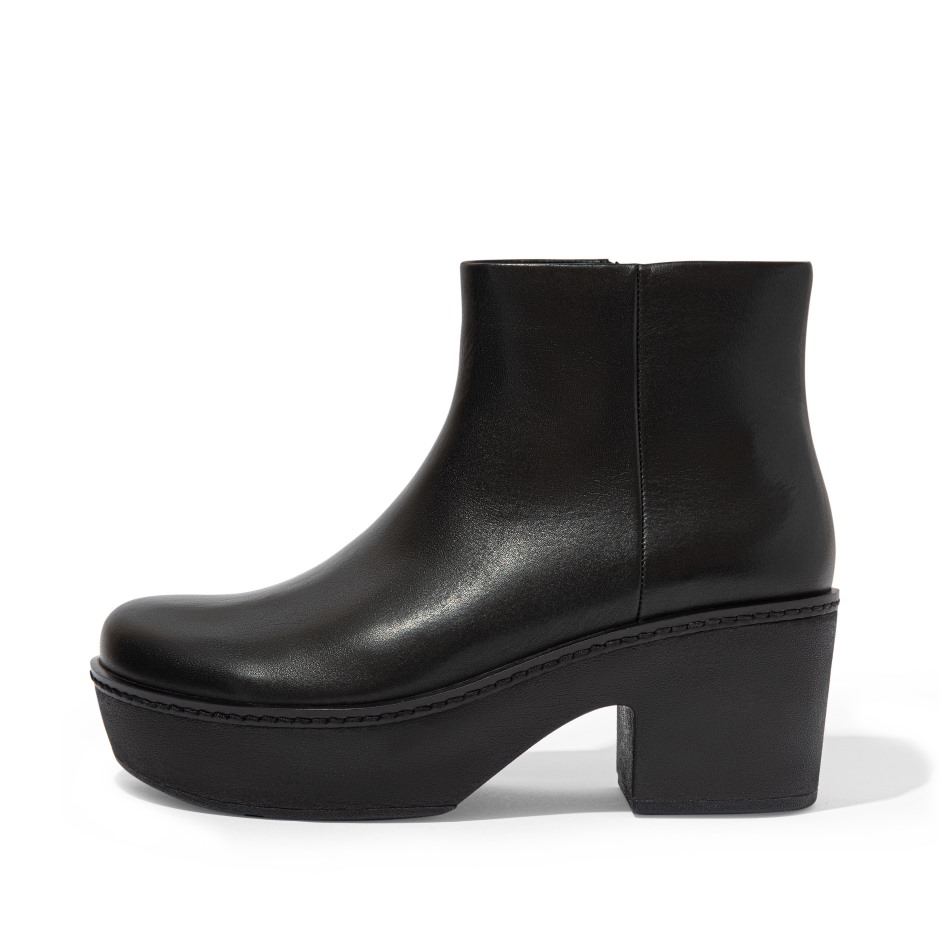 Fitflop δερμάτινα μποτάκια με πλατφόρμα κολόνας ολόμαυρα