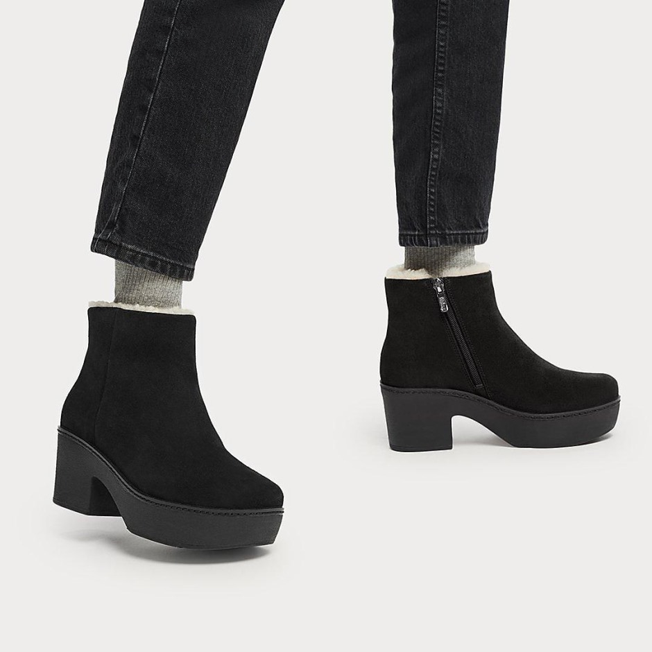 Fitflop μποτάκια με κολόνα με επένδυση από καστόρι ολόμαυρα