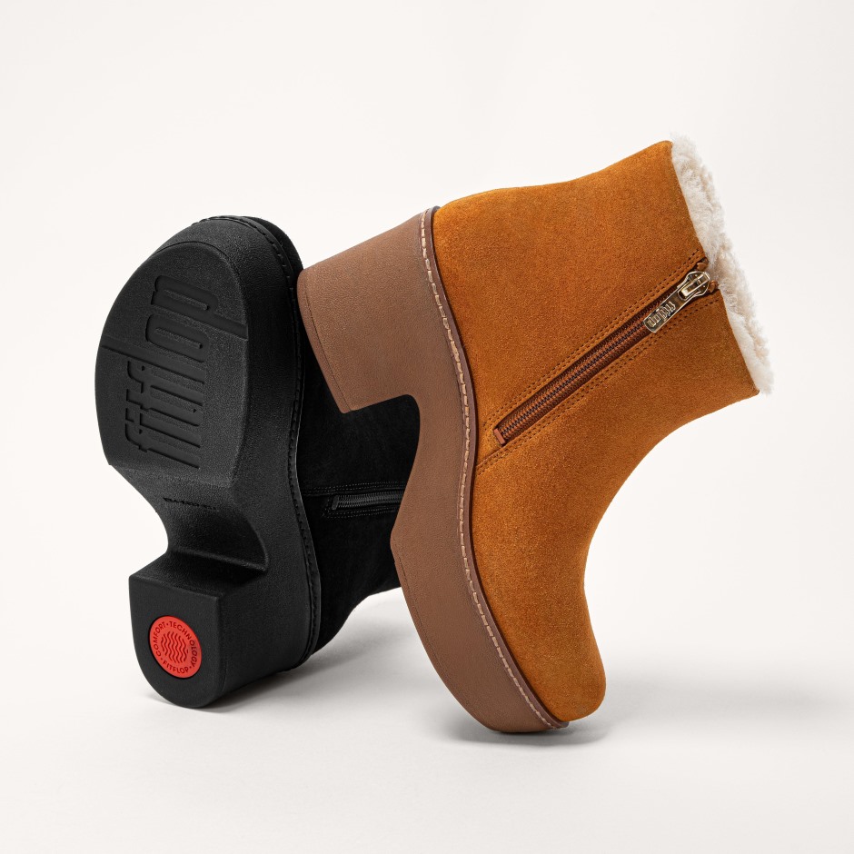 Fitflop μποτάκια με κολόνα με επένδυση από καστόρι, ανοιχτό μαύρισμα