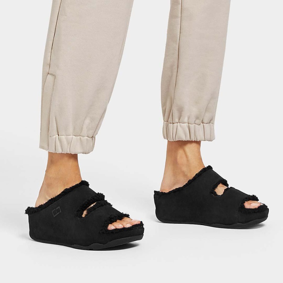 Fitflop Shuv σουέτ διαφάνειες με επένδυση δύο ράβδων ολομαύρες