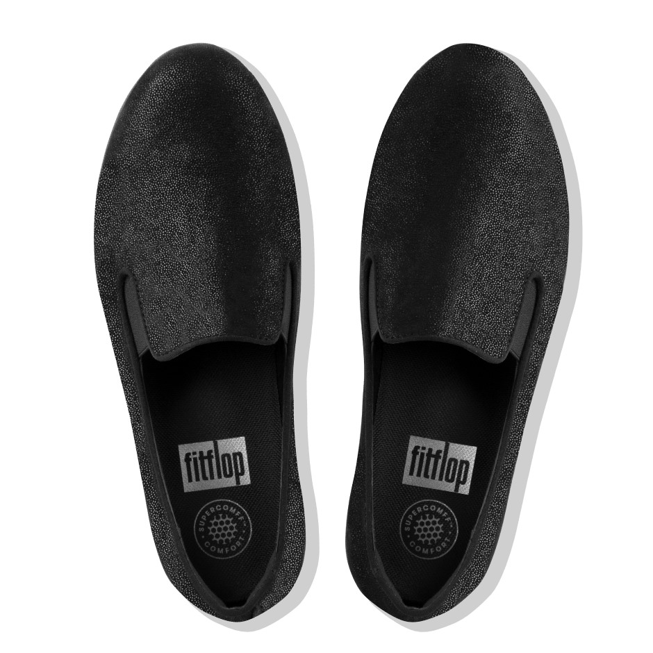 Fitflop Superskate Glitter-dot Suede Loafers ολόμαυρα